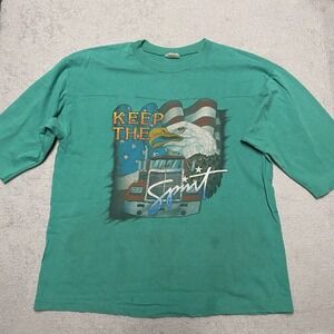 Vintage America T Shirt Medium Green Eagle Semi Truck Flag Single Stitch 90s 80s